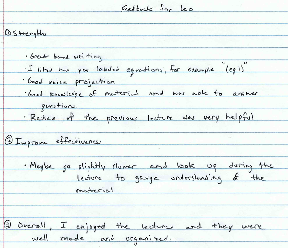 Handwritten student feedback