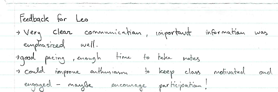 Handwritten student feedback