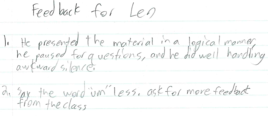 Handwritten student feedback
